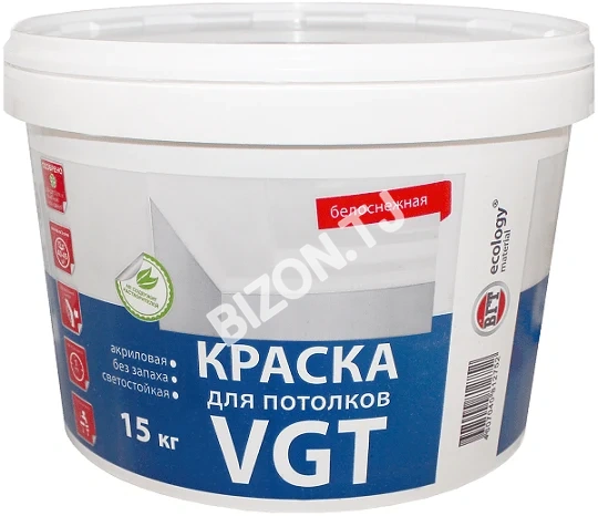 Краска интерьерная акриловая VGT ВД-АК-2180 для потолков (белоснежная), 15кг
