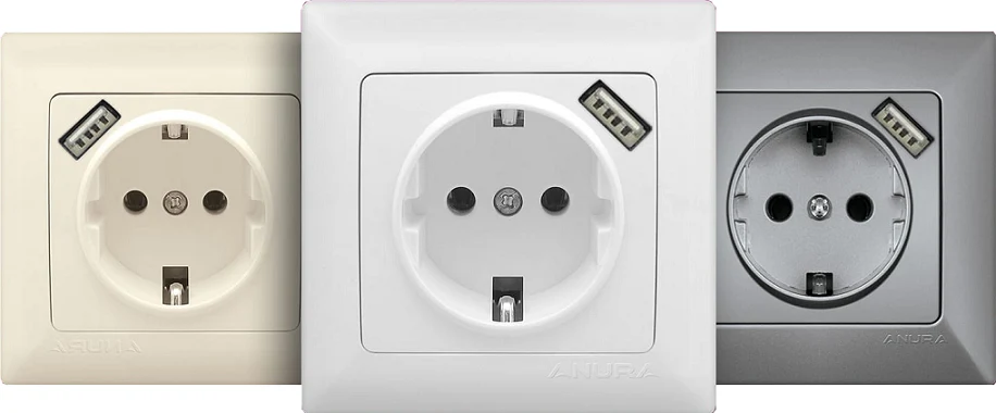 Розетка с заземлением  ANURA AE01107U с 2 USB портами