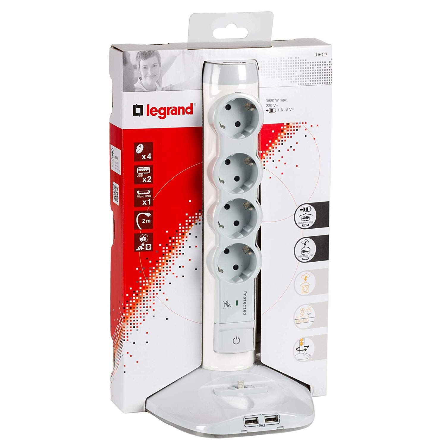 LEGRAND 694614 Многорозеточный блок 4 x 2К+З, 2 х USB, micro USB, кабель длиной 1,5м