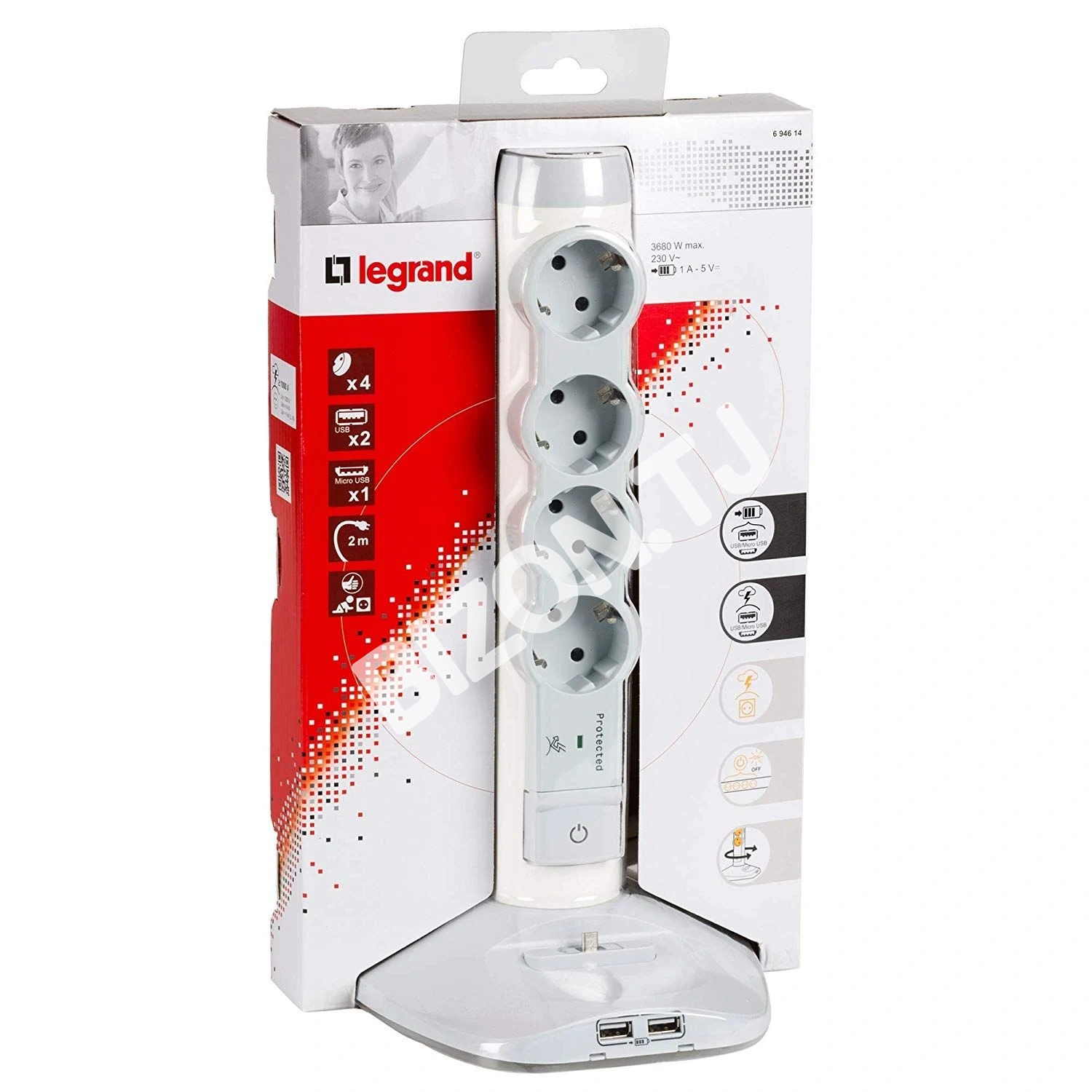 LEGRAND 694614 Многорозеточный блок 4 x 2К+З, 2 х USB, micro USB, кабель длиной 1,5м
