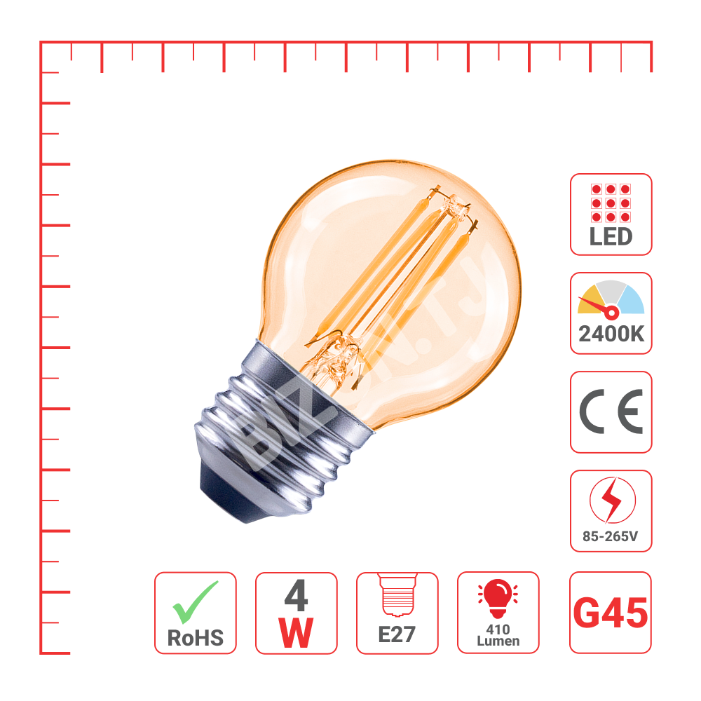 LampLED G45 4 Вт E27 AMBER 410 лм 2400 К 85-265 В, 527-03100 4