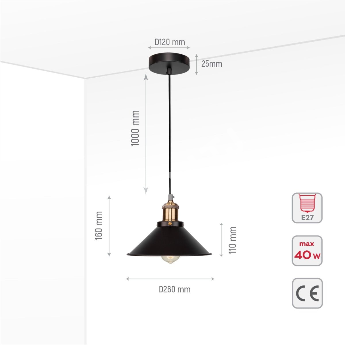Черный металл Medium Funnel металл потолочный подвесной светильник с E27 Fitting, 150-18360 6