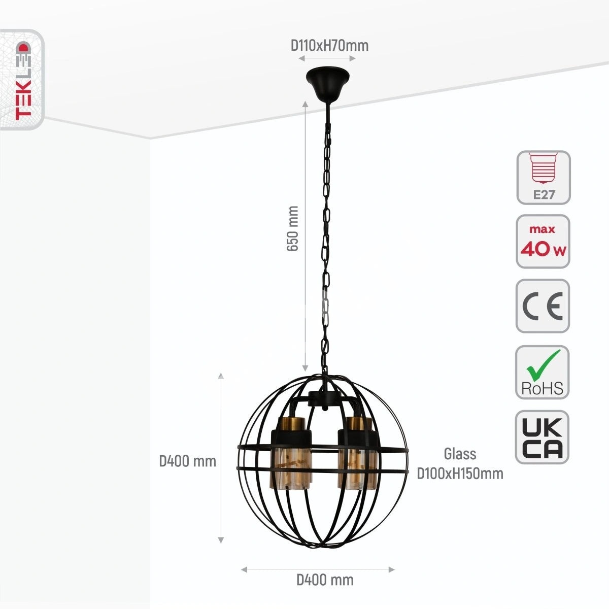 Люстра Amber Cylinder стекло черный Cage металл потолочный Chandelier светильник с 4xE27, 158-19572 2