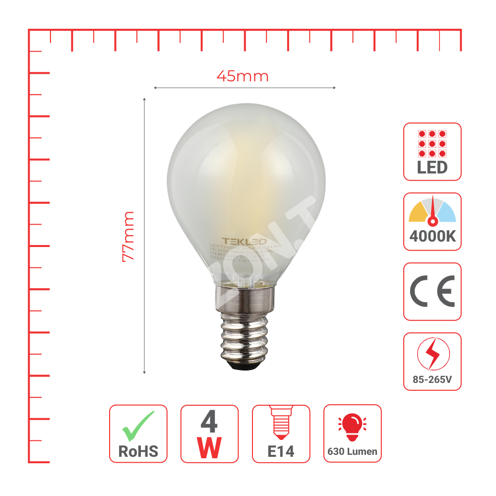 Лампа LED Filament Bulb P45 4 Вт E14 85-265 В 4000 К Frosted, 527-15762 5