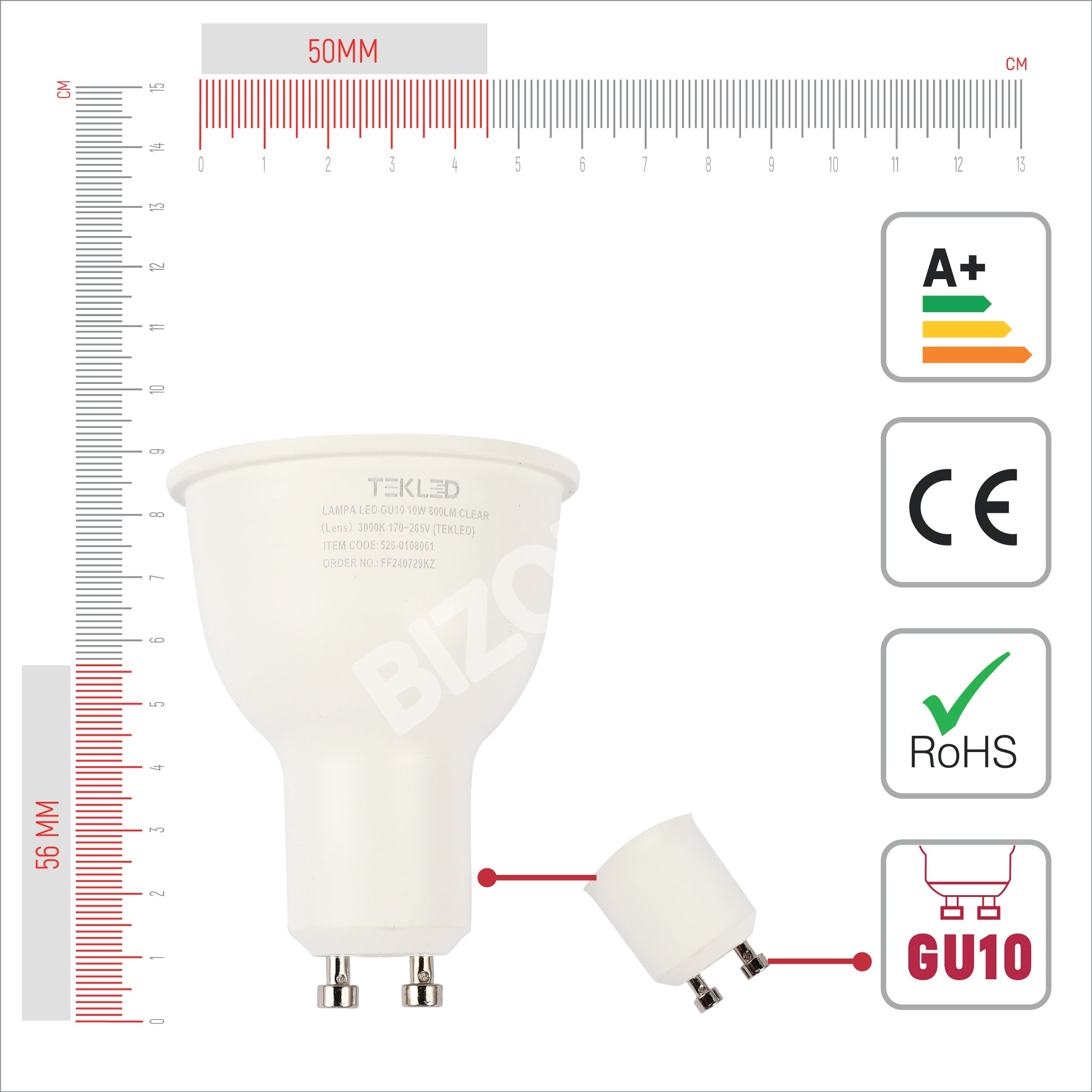 Лампа LED GU10 10 Вт 800 лм CLEAR 3000 К 85-265 В, 526-0108061 2