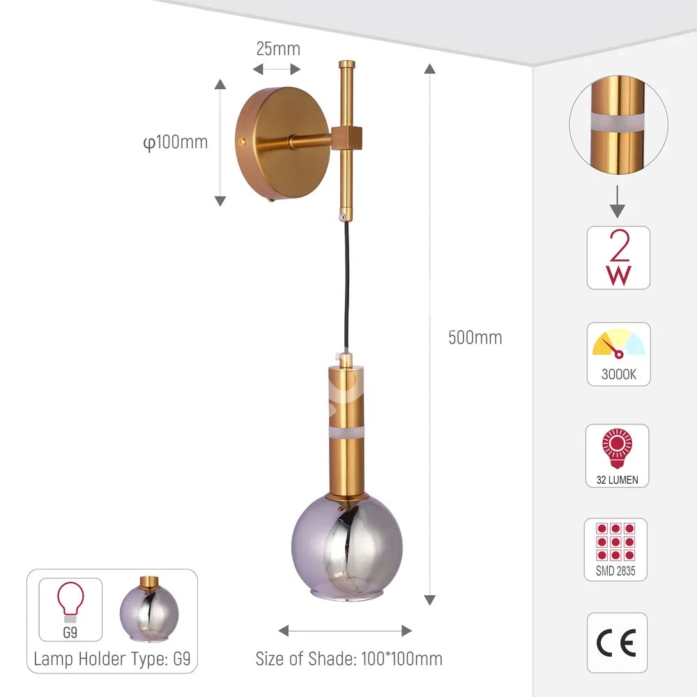 Бронзовый настенный светильник 39312B-B Smoke стекло 1xG9+LED 3000 К, 151-20066 5