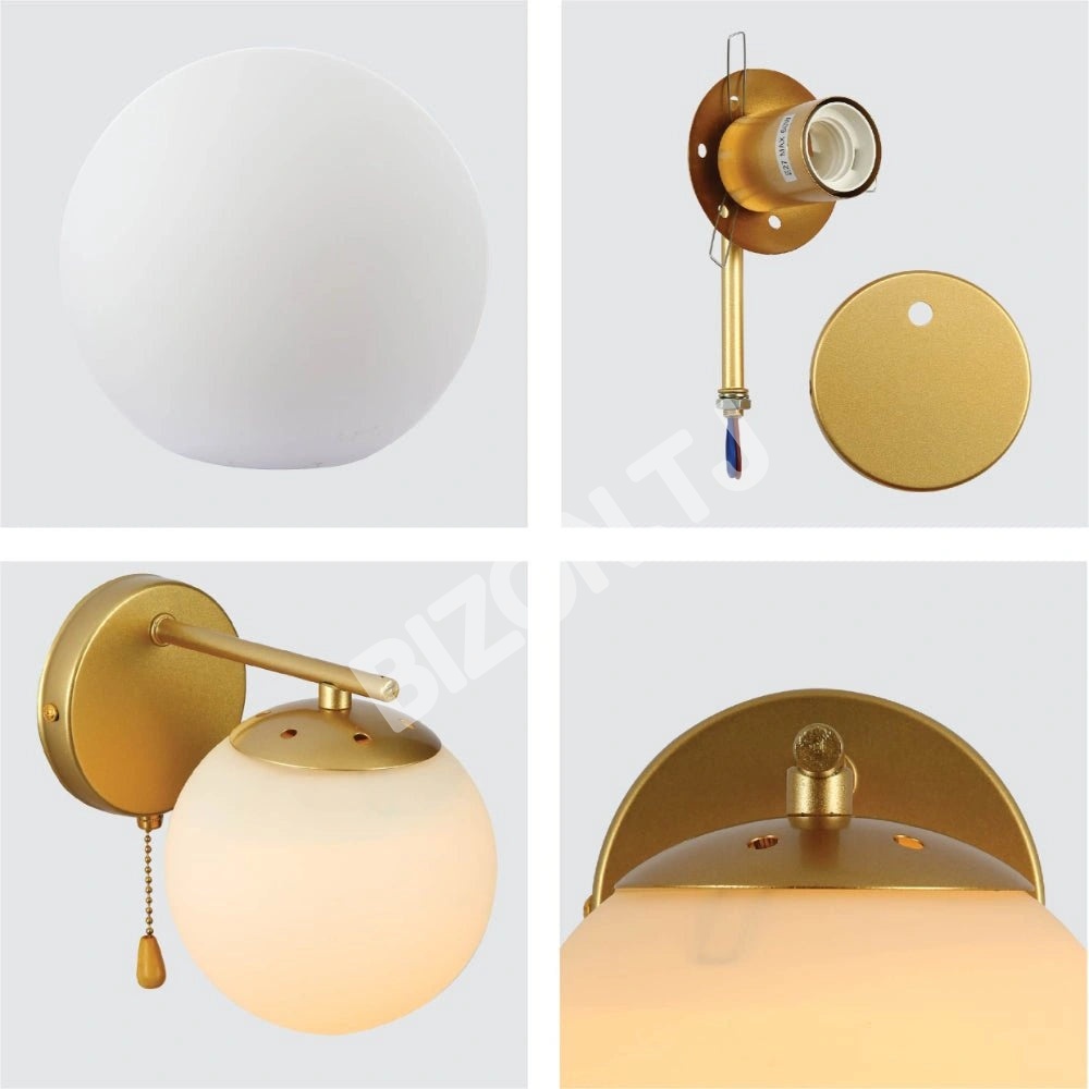 Выключатель опал GLOBE стекло золотой металл BODY VINTAGE RETRO настенный светильник с PULL DOWN SWITCH E27 FITTING золотой, 151-19780 9