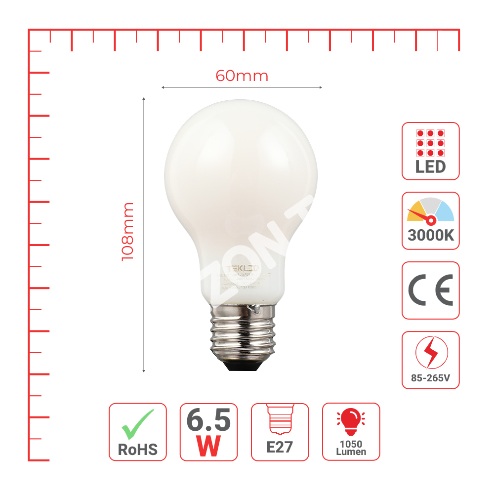 Лампа LED Filament Bulb A60 GLS E27 6.5 Вт 85-265 В 6000 К F, 527-15750 10