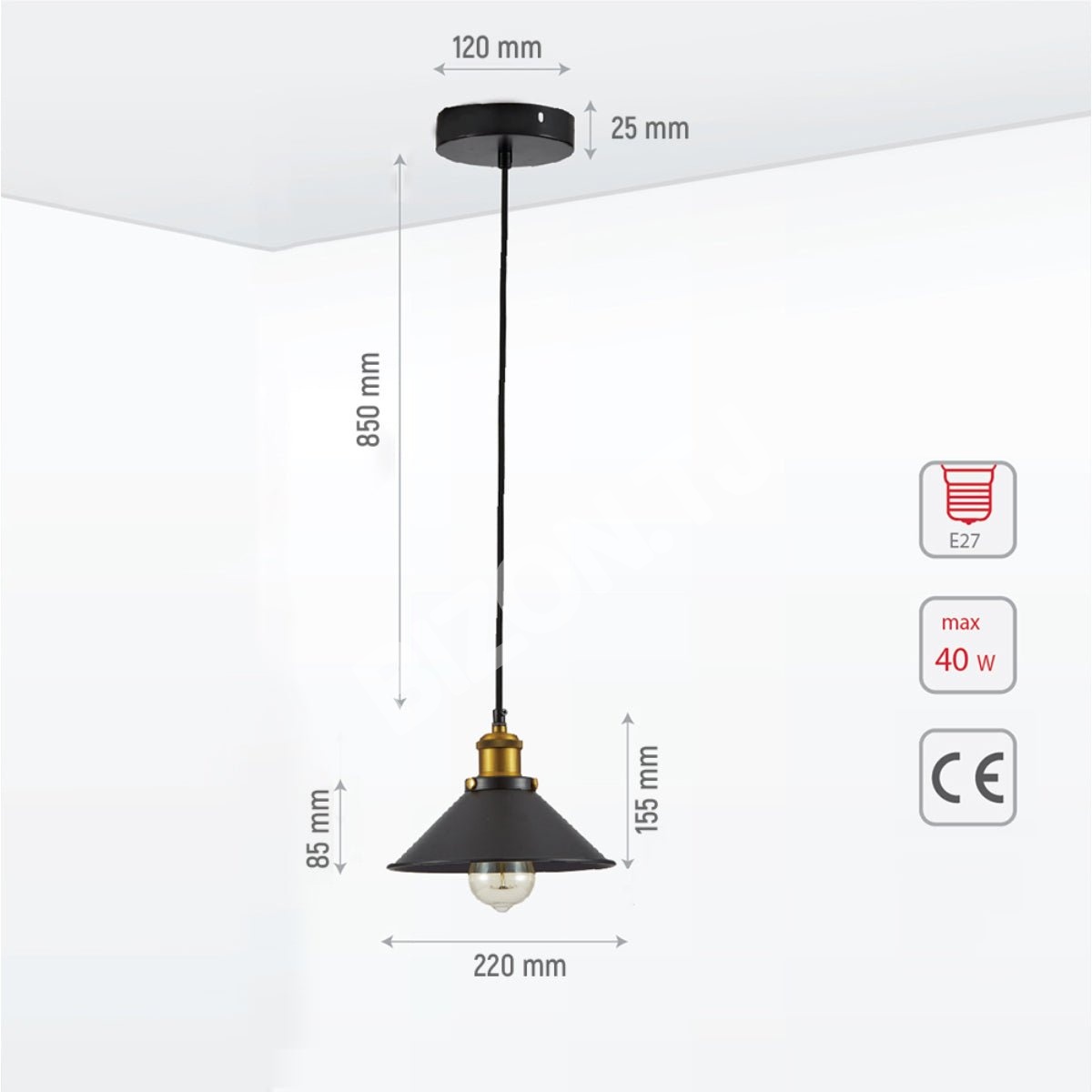 Черный металл Medium Funnel металл потолочный подвесной светильник с E27 Fitting, 150-18360 4