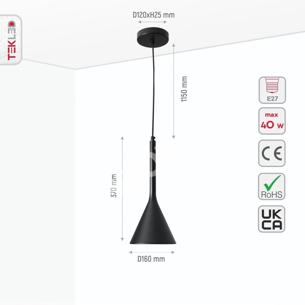 Черный Funnel Nordic современный металл потолочный подвесной светильник с E27 Fitting, 150-18394 3