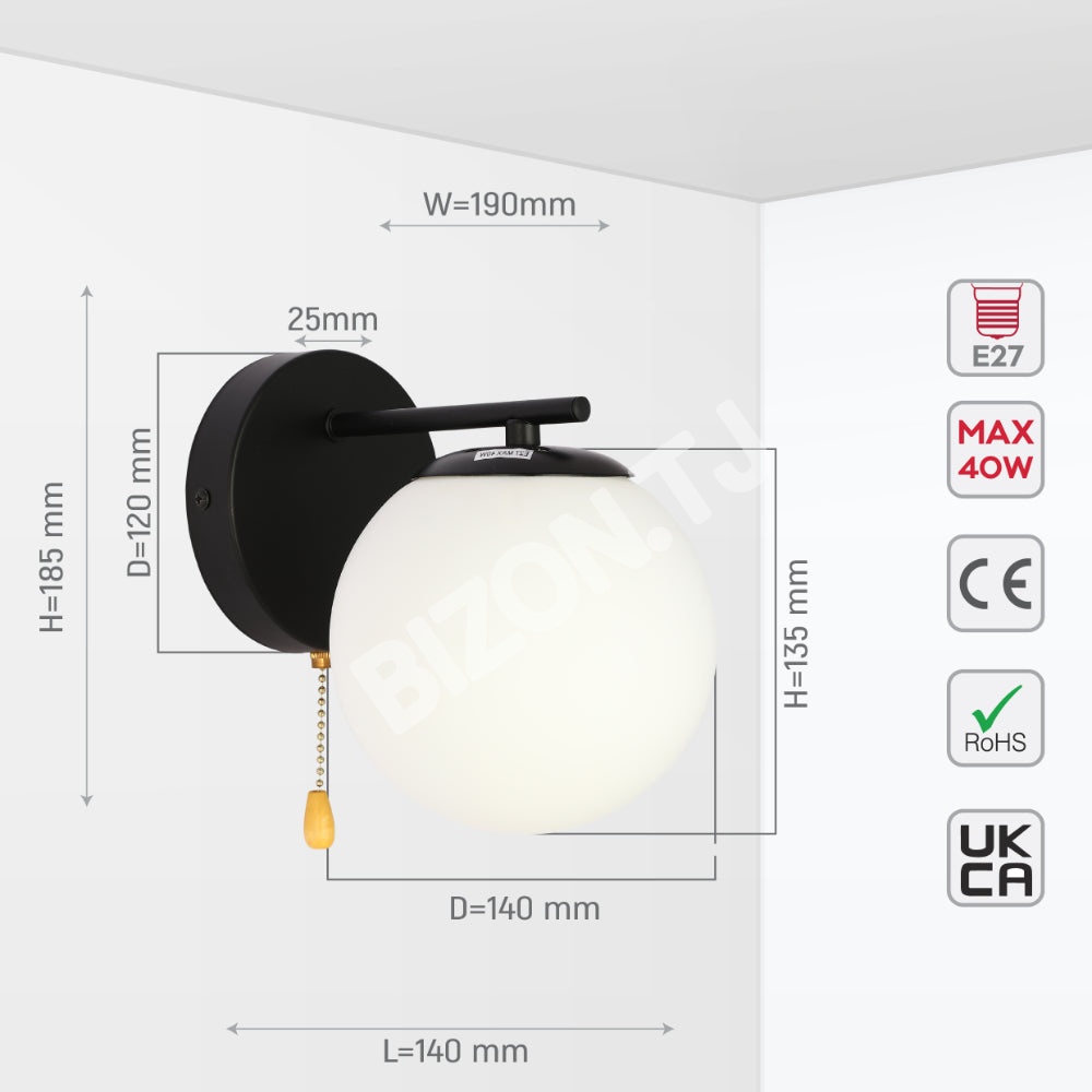 Выключатель опал GLOBE стекло золотой металл BODY VINTAGE RETRO настенный светильник с PULL DOWN SWITCH E27 FITTING золотой, 151-19780 5