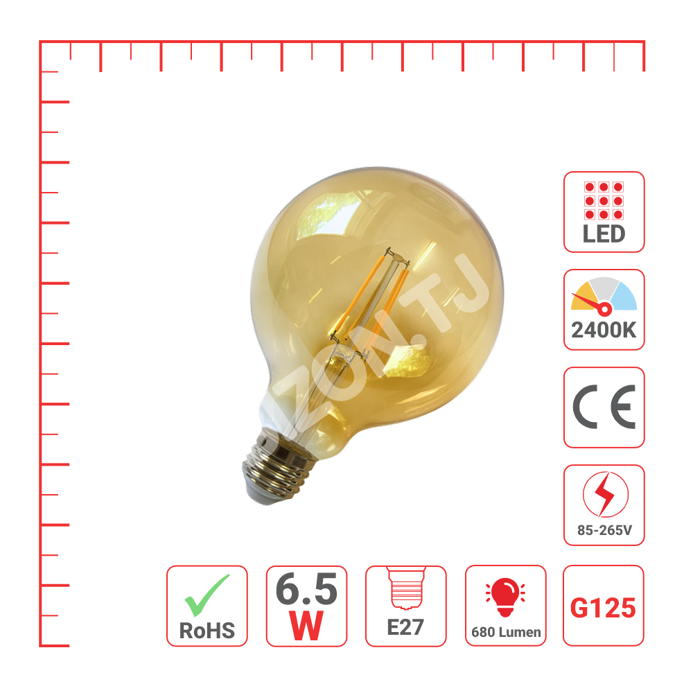 LampLED G125 6, 5 Вт E27 AMBER 680 лм 2400 К 85-265TEKL, 527-03432 3