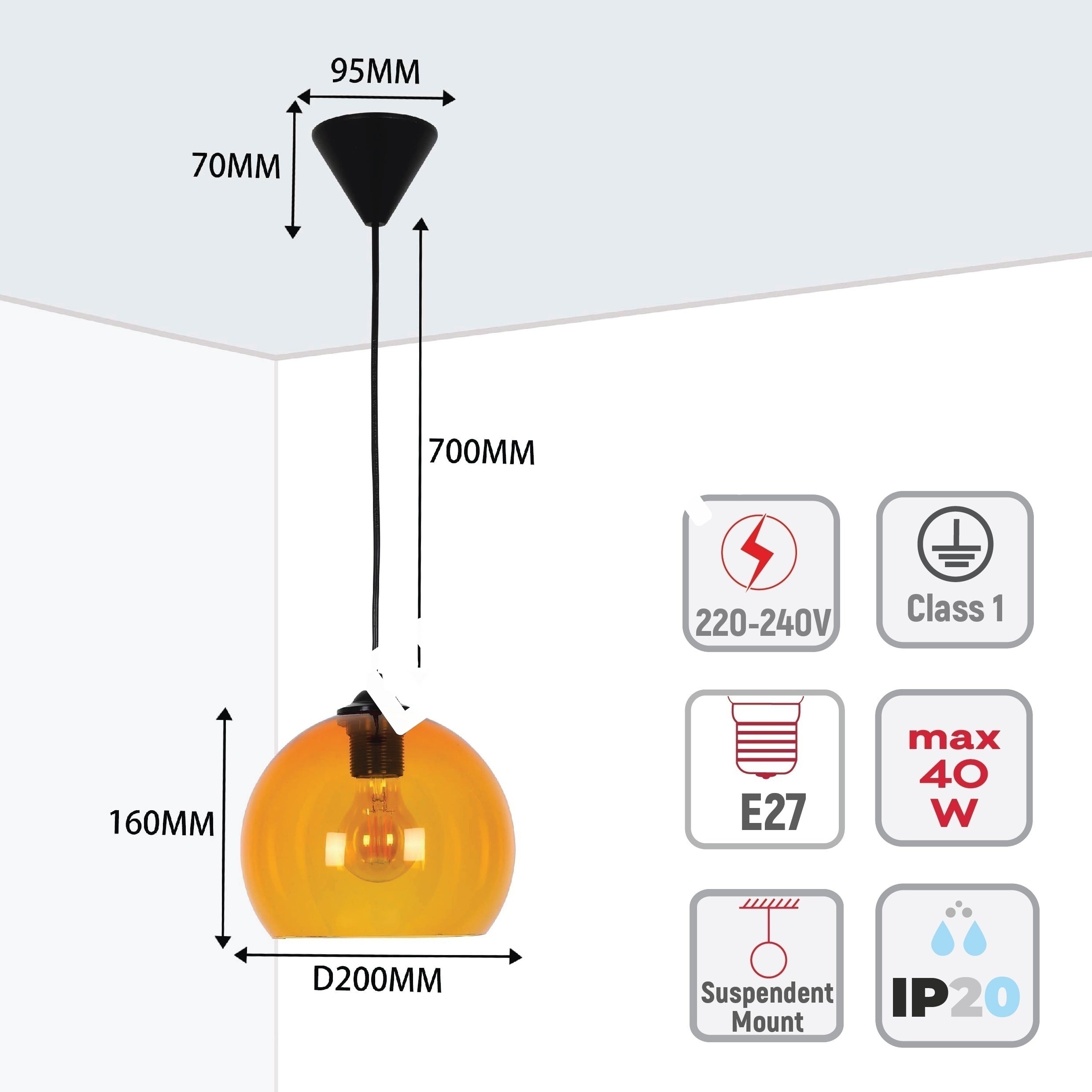 Светильник D200 красный Подвесной E27, 150-15620 30