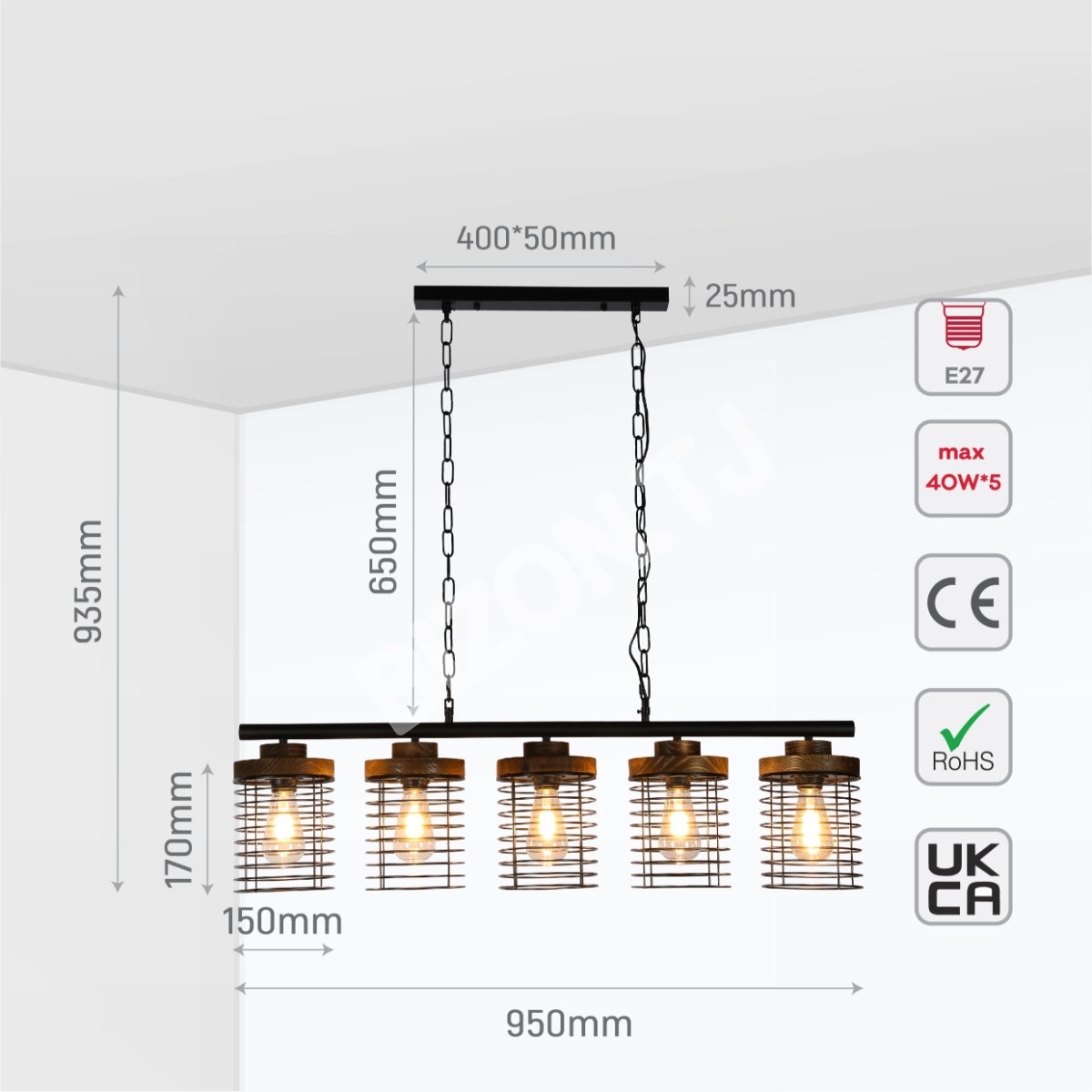 Светильник podvec.9184-5H 5xE27 черный+дерево L950W150H1200, 150-19066 5