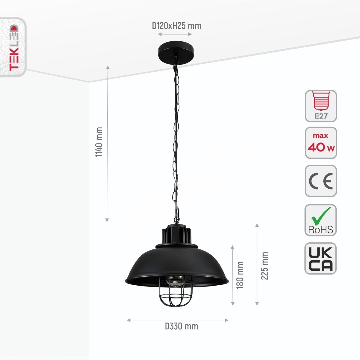 Черный Dome Caged Industrial металл потолочный подвесной светильник с E27 Fitting, 150-18352 2