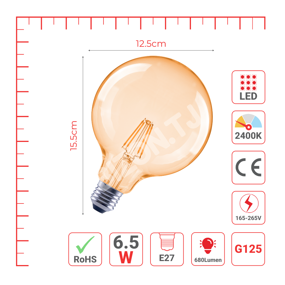 LampLED G125 6, 5 Вт E27 AMBER 680 лм 2400 К 85-265TEKL, 527-03432 7