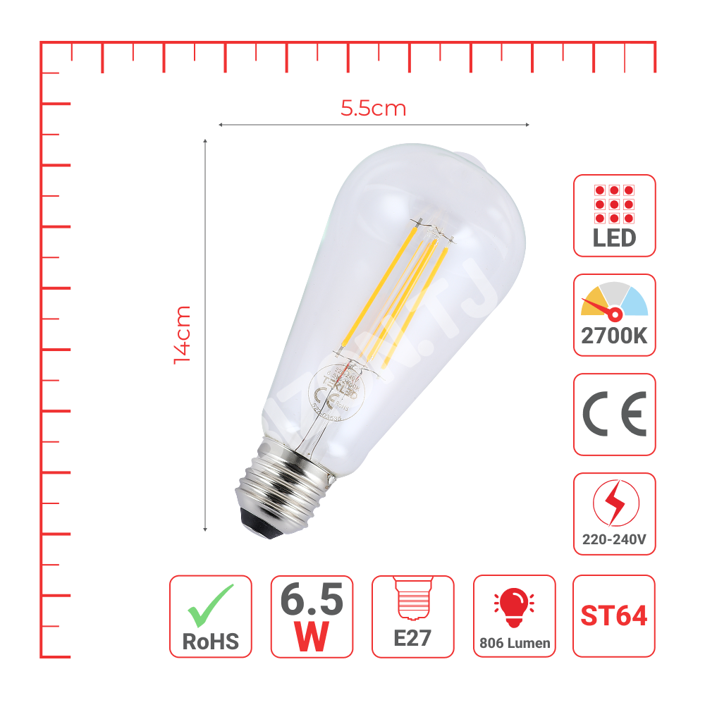 LampLEDST64 6, 5 Вт E27 CLEAR 806 лм 2700 К 85-265, 527-03408 9