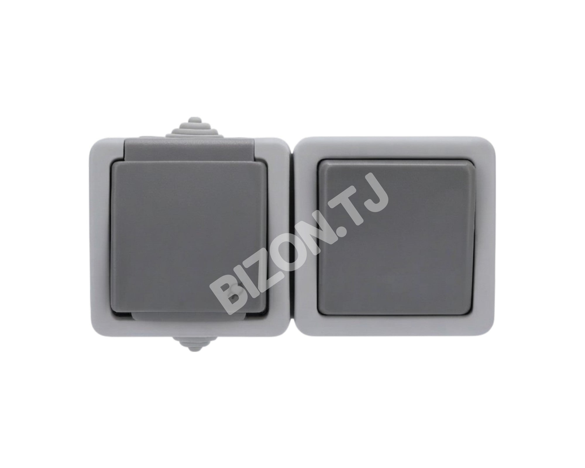 Розетка Выкл. 1 кл.+розетка с / з, с з / ш, о / у, 10А / 16А серый IP54 Atlantis100 / 5, 379-03036