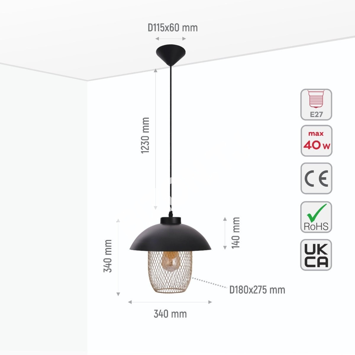 Светильник Matte золотой Caged Shade с черный Dome Top Pendat потолочный светильник D290 с E27 Fitting, 150-18304 5