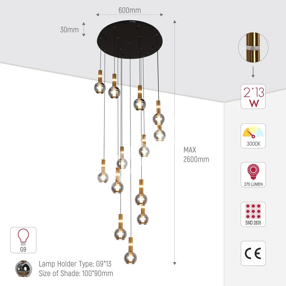 Люстра 67023-13 Smoke стекло 13xG9+LED 3000 К, 159-18268 5