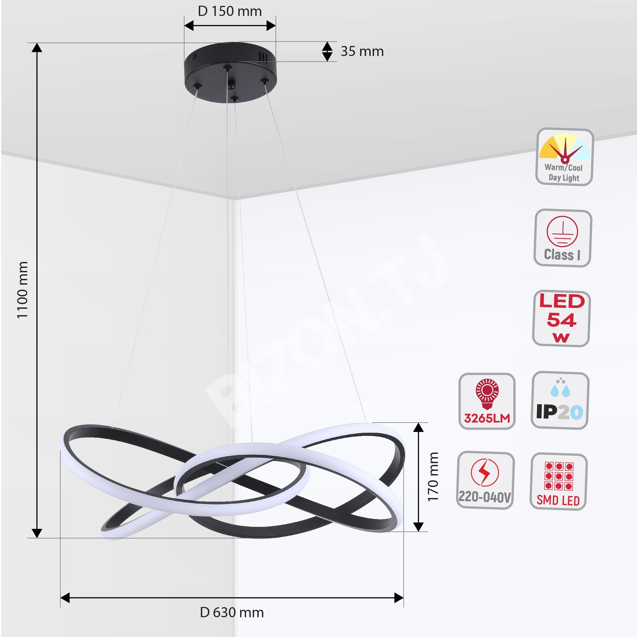 Люстра LED BS0730-BK 54 Вт песочный черный 3CCT, 159-18468 4