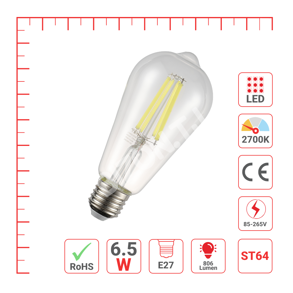 LampLEDST64 6, 5 Вт E27 CLEAR 806 лм 2700 К 85-265, 527-03408 4