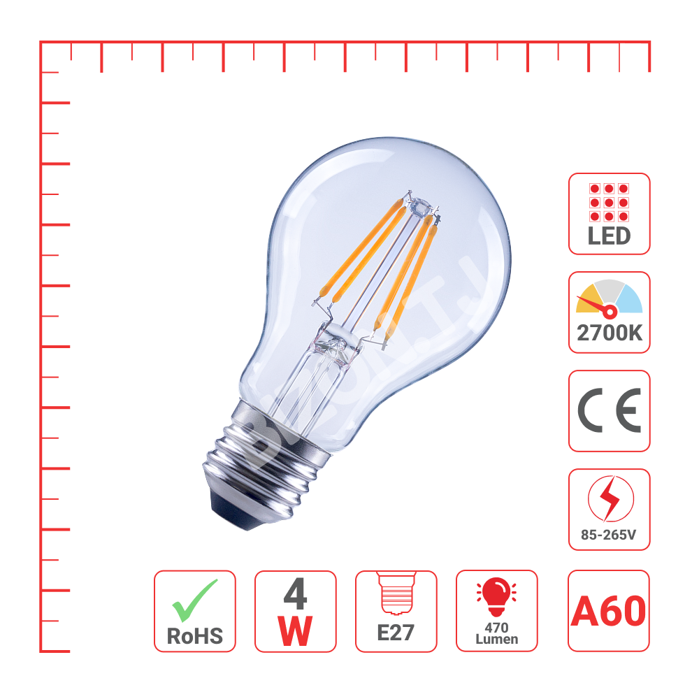 LampLED A60 4 Вт E27 CLEAR 470 лм 2700 К 85-265 В, 527-03020 4