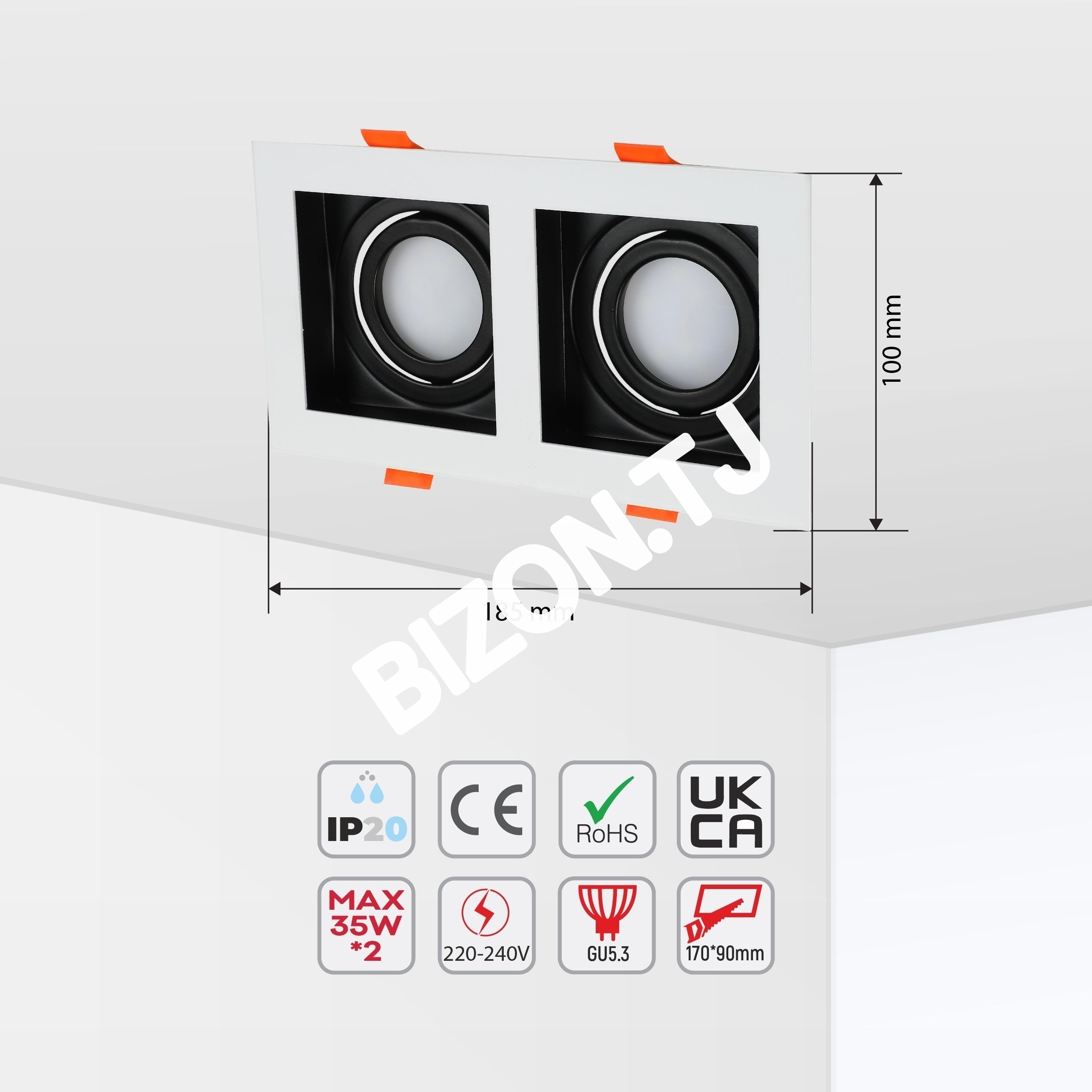Светильник Grille Rectangle Recessed Tilt даунлайт GU5.3 белый and черный 2 way, 143-03514 4
