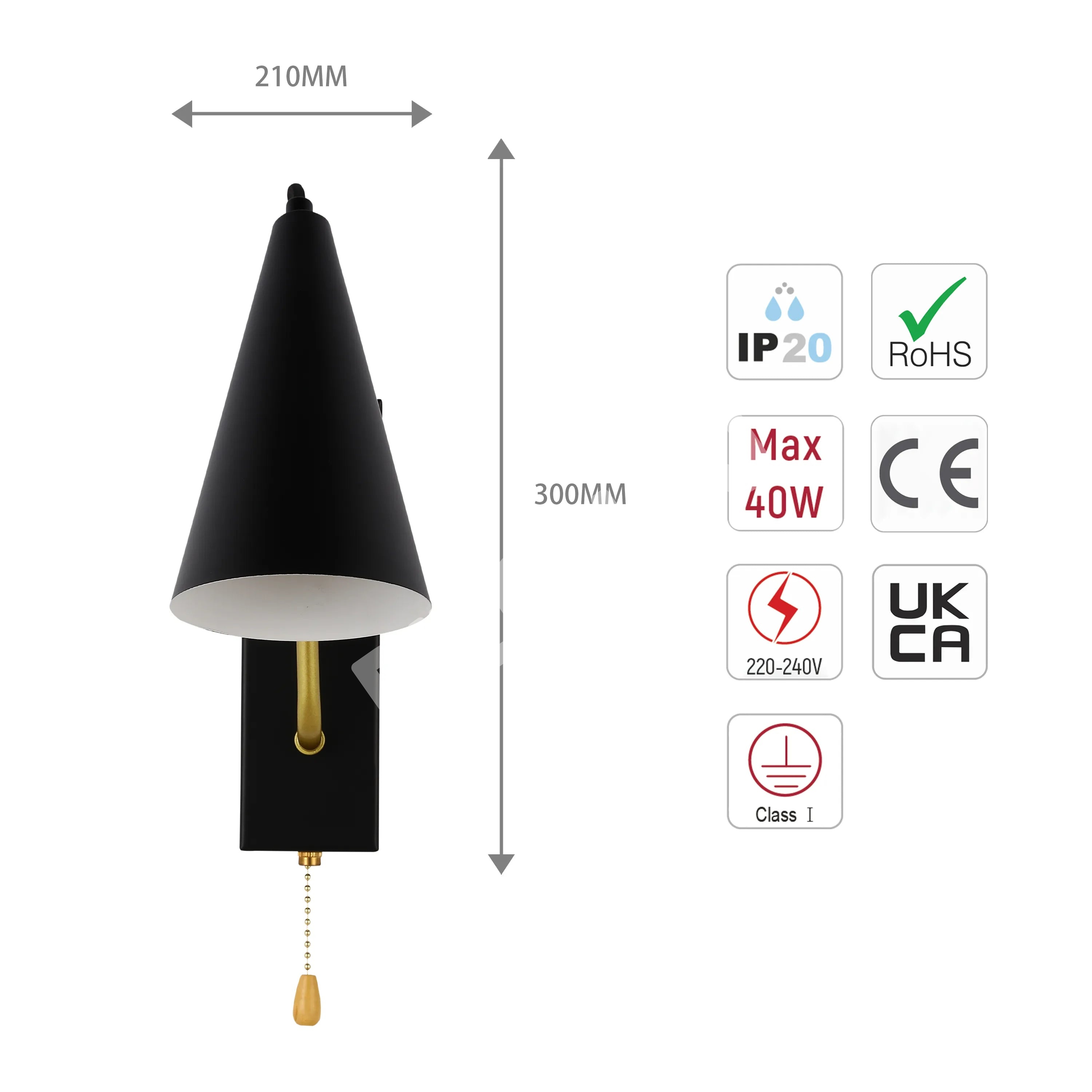 Выключатель Бра Matte черный металл Cone настенный светильник E27 Fitting с Pull Down Switch, 151-19649 5
