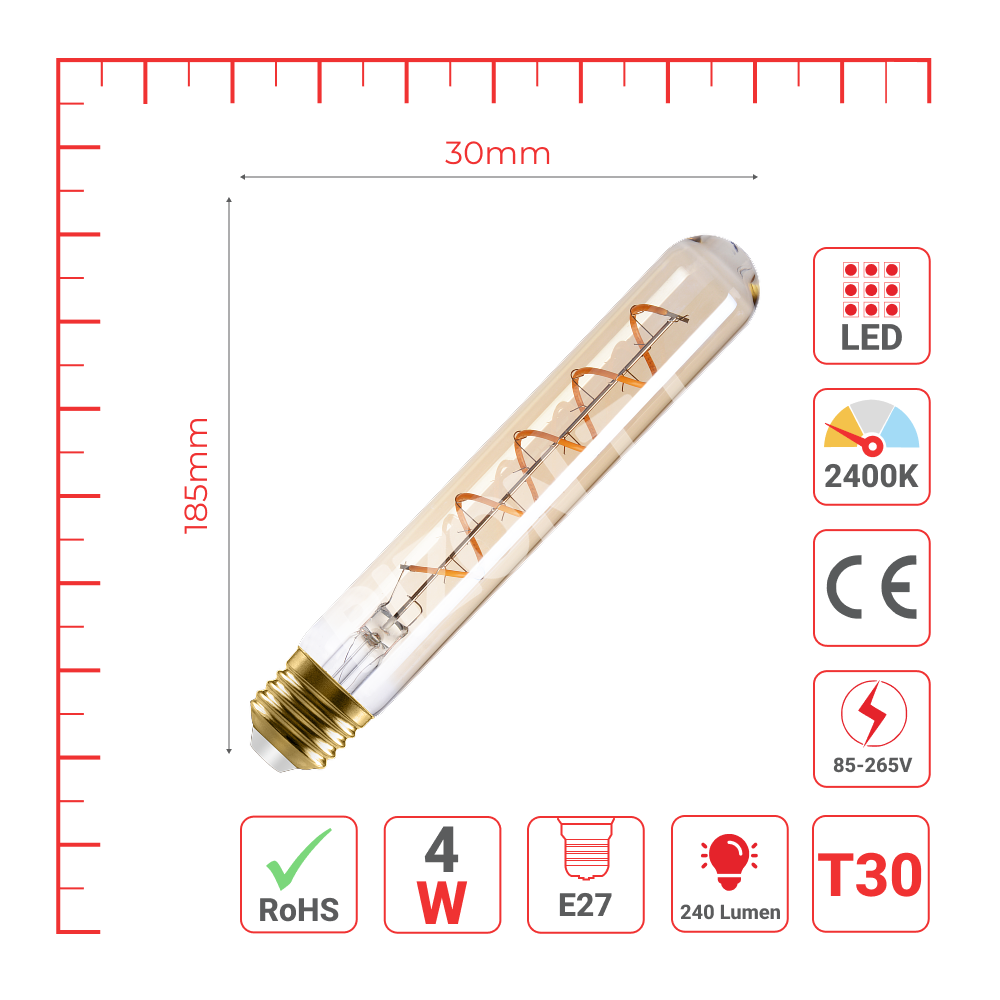 LampLED T30 4 Вт E27 AMBER 240 лм 2400 К 85-265 В 185 мм, 527-03456 3