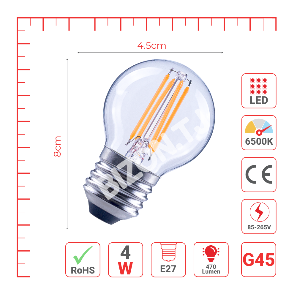 Лампа LED G45 4 Вт E27 CLEAR 470 лм 6500 К 85-265 В (T, 527-03108 4