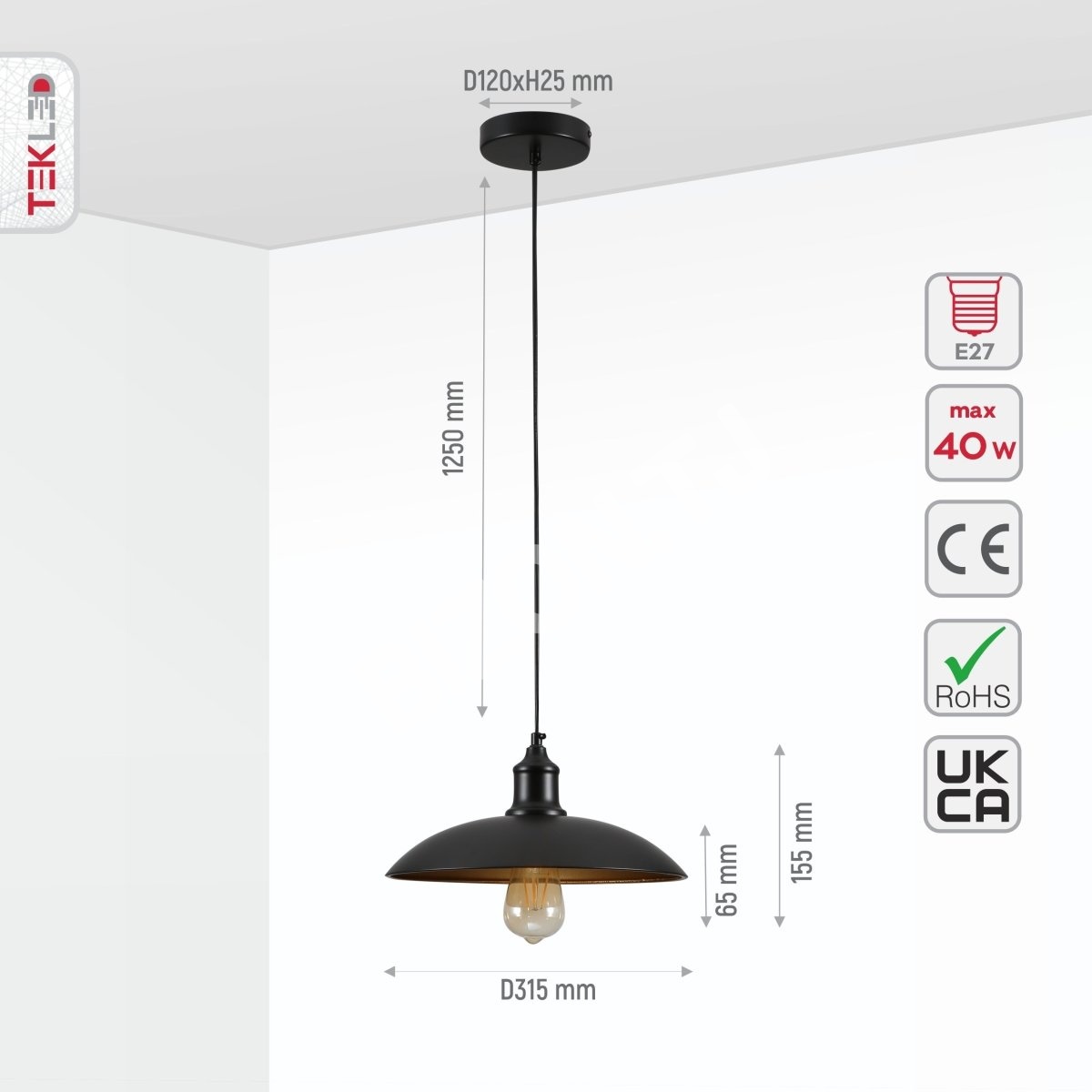 Черный Flat Dome Industrial металл потолочный подвесной светильник с E27 Fitting, 150-18354 2