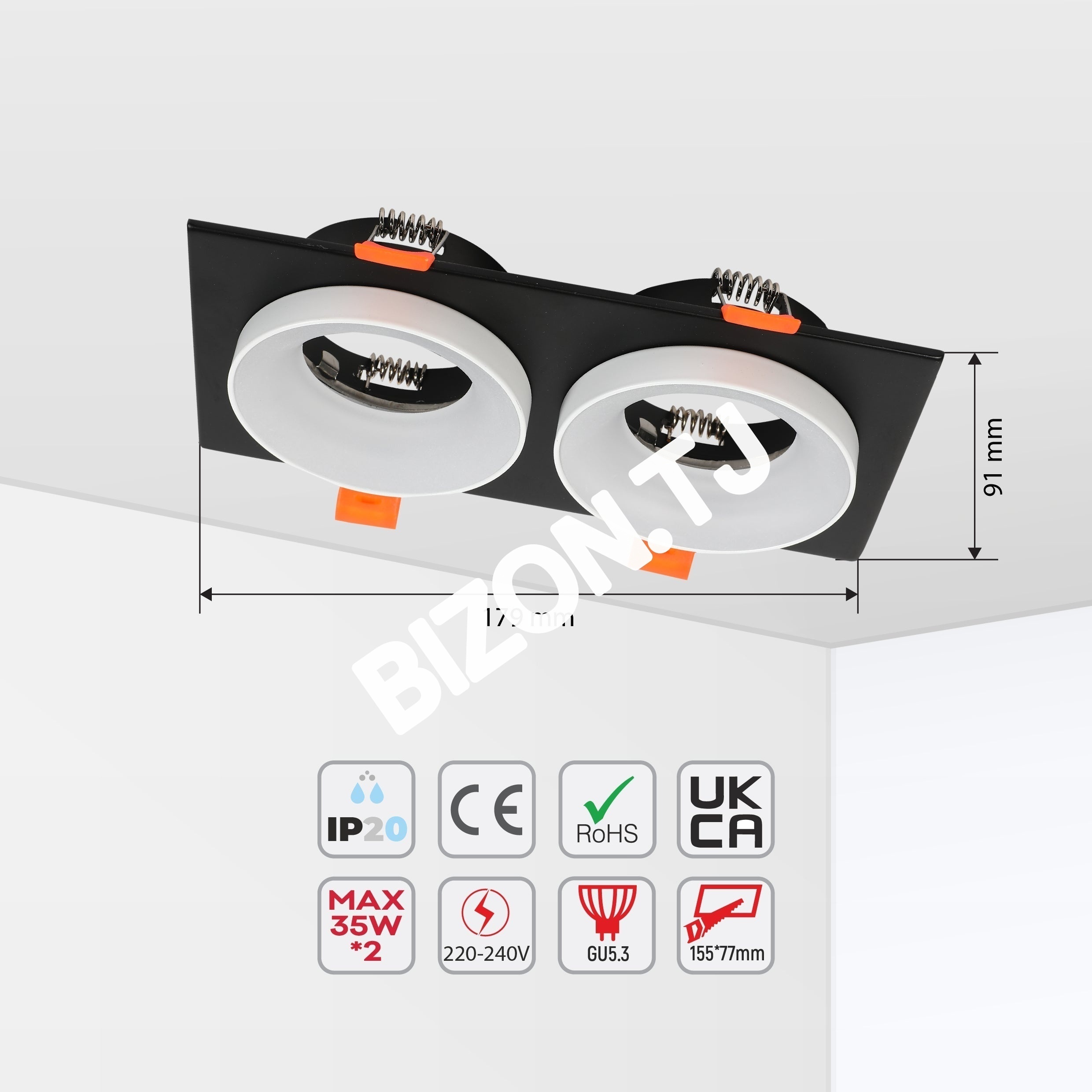Светильник Grille Rectangle Recessed Tilt даунлайт GU5.3 белый and черный 2 way, 143-03514 19