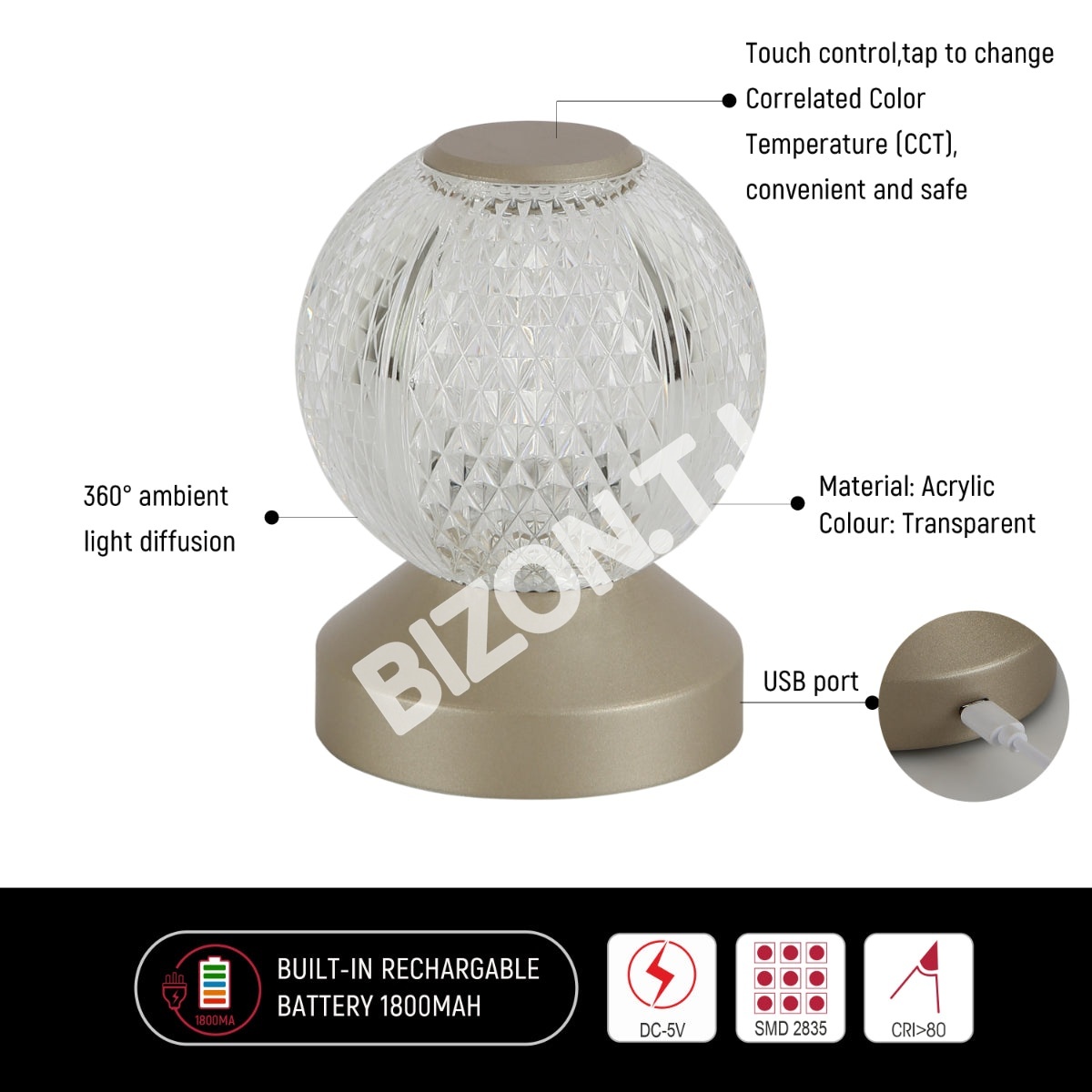 Светильник настольный LED Acrylic D105H130 золотой, 130-03724 6
