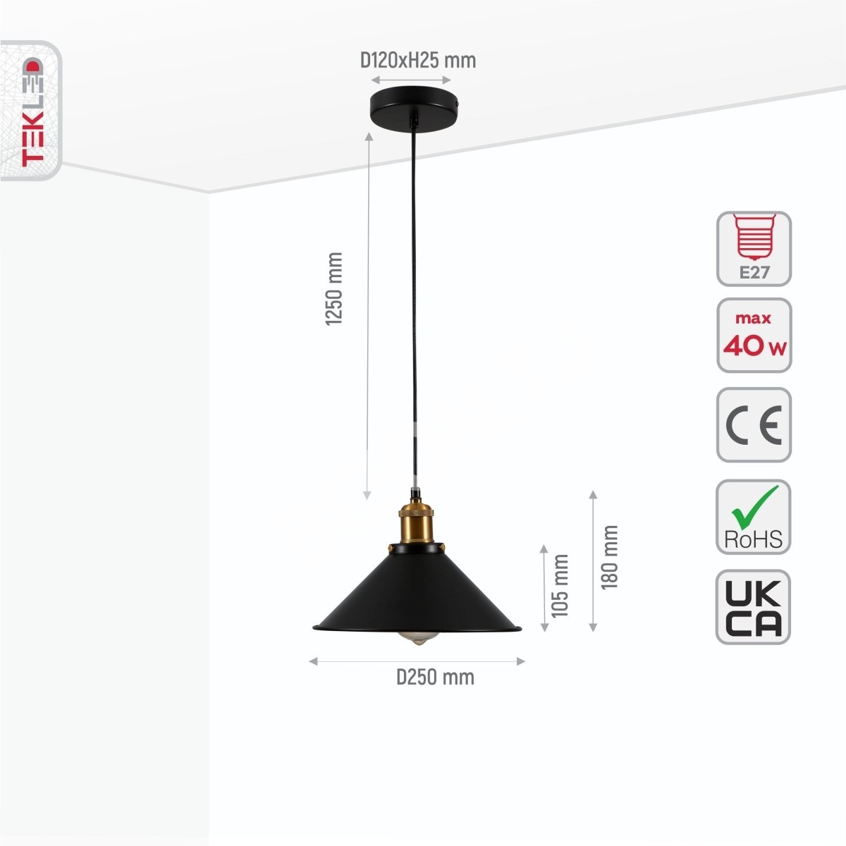 Черный металл Medium Funnel металл потолочный подвесной светильник с E27 Fitting, 150-18360 5