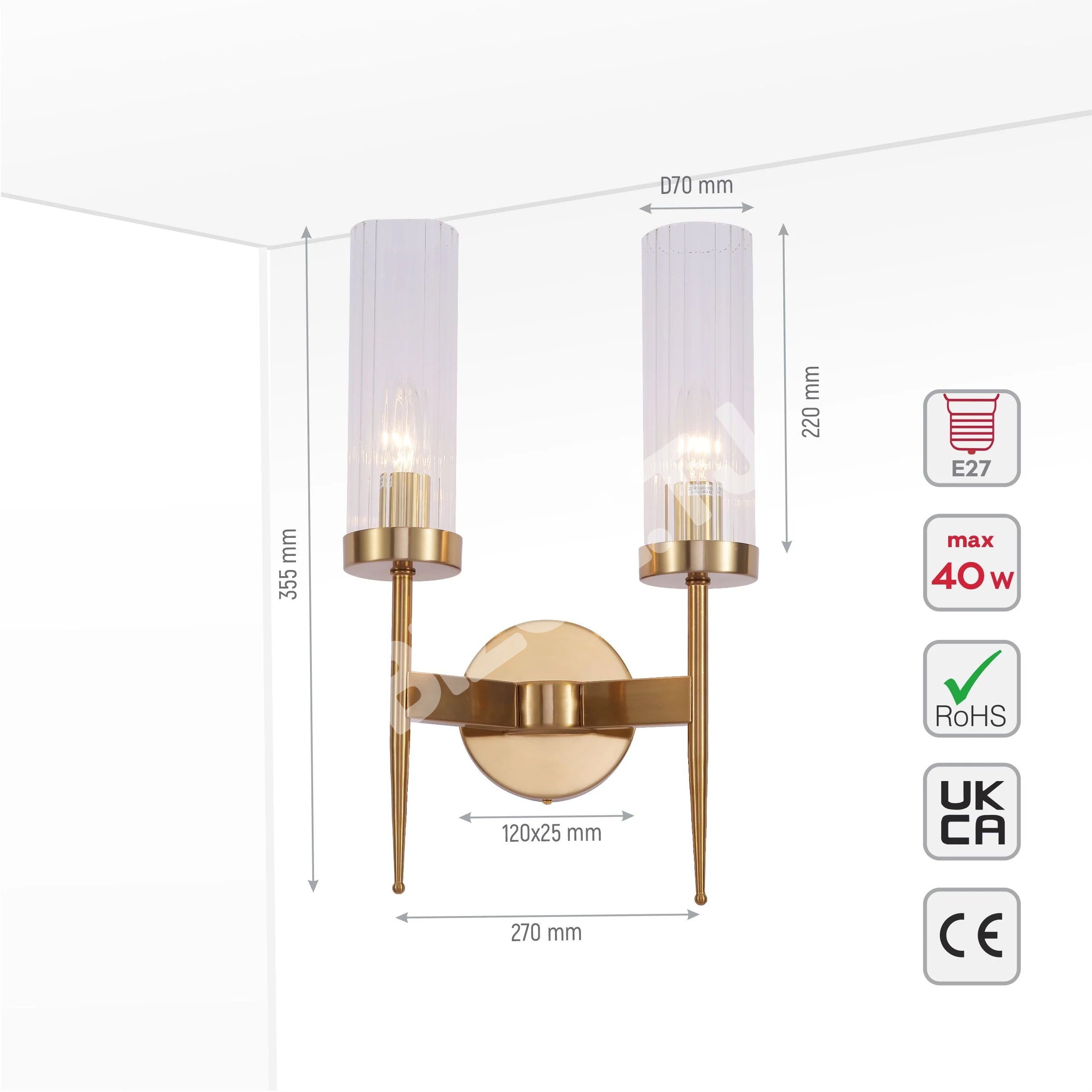 Бра золотой Aluminium бронзовый Cylinder Clear Reeded стекло Joseph Fonteyn Fluted настенный светильник с 2xE14 Fitting, 151-19496