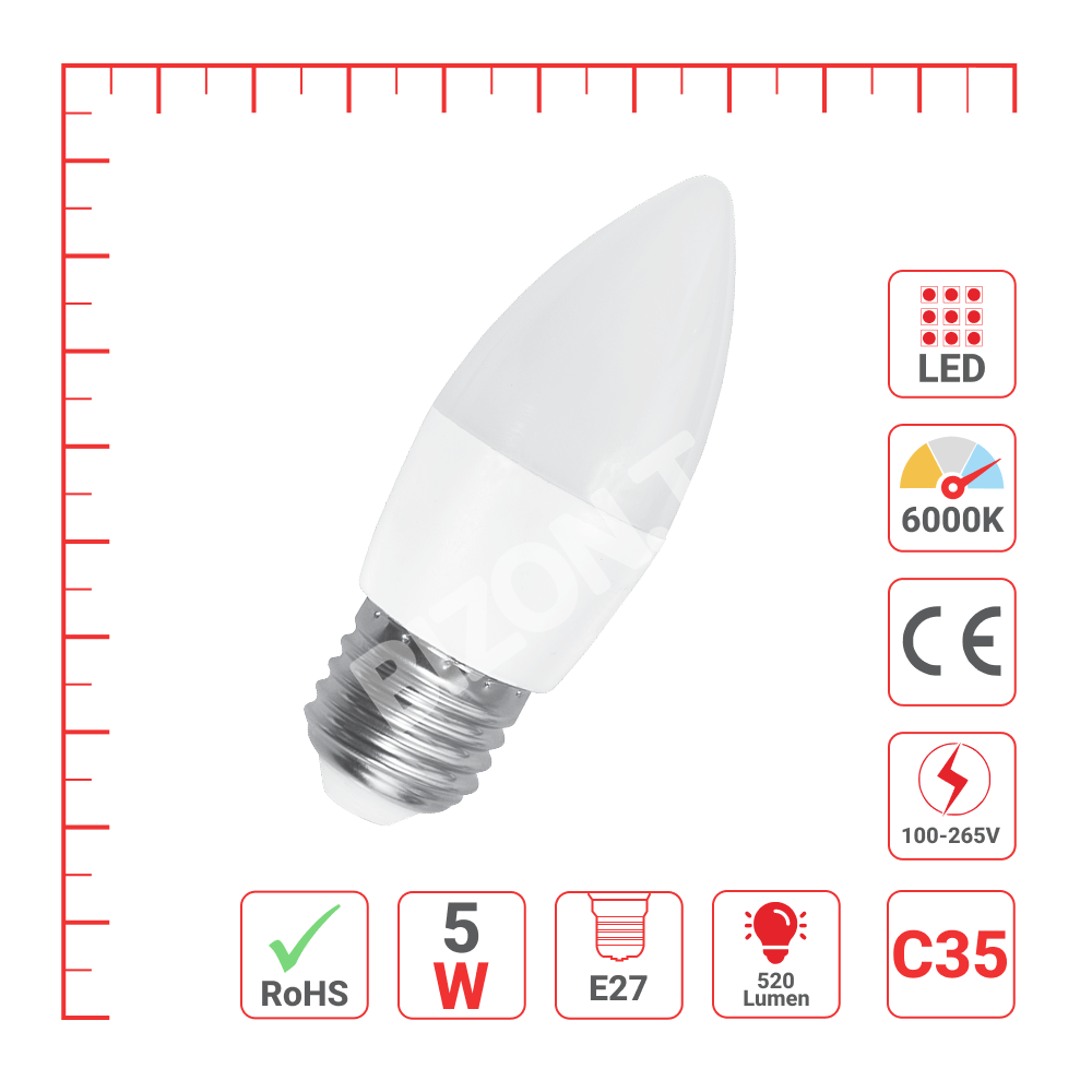 Lampa LED C35 6 Вт 520 лм E27 6000 К 100-265 В (TS)60, 527-012206 4