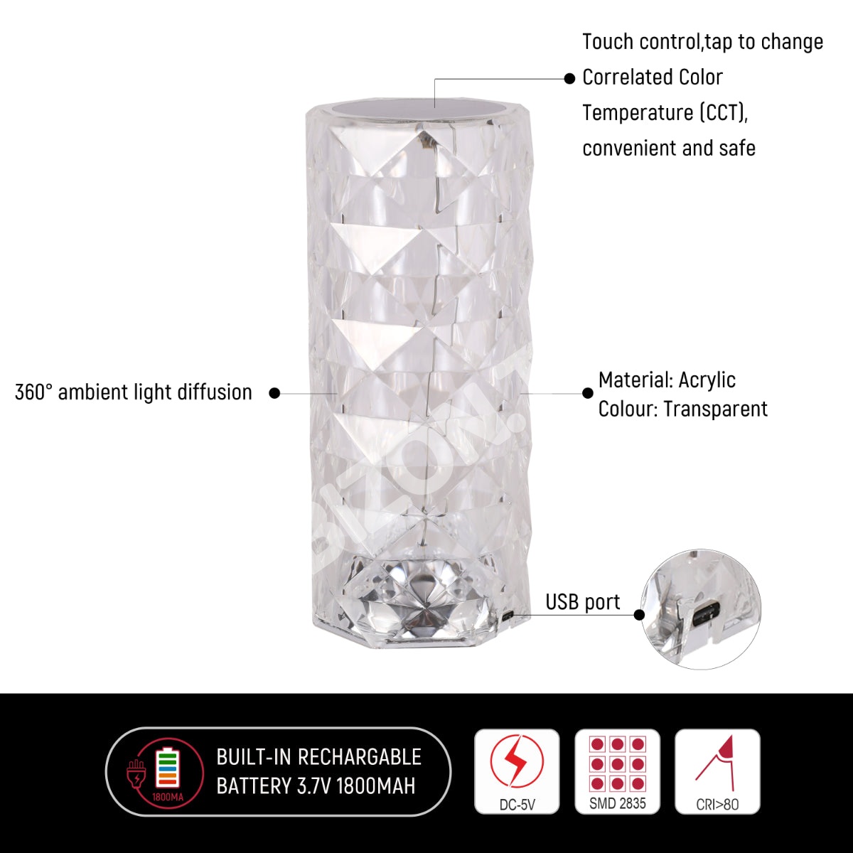 Светильник настольный LED Acrylic D90H215 TRANSPA, 130-03718 6