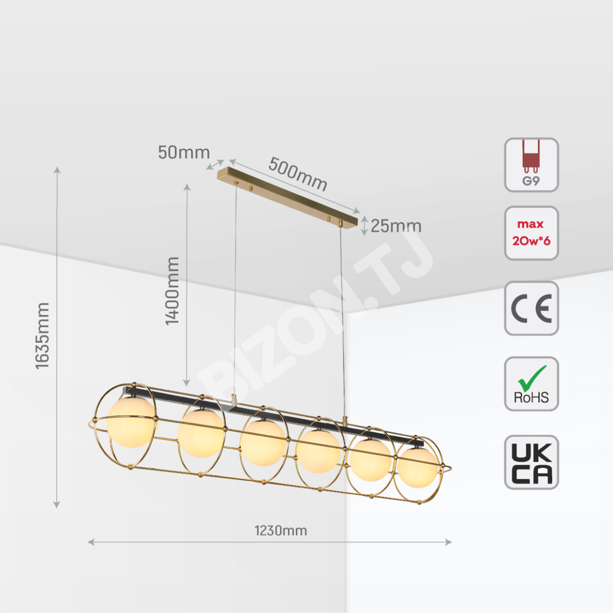 Светильник podvec. 9723-1200 6xG9 золотой+черный D1200×190, 150-19036 5
