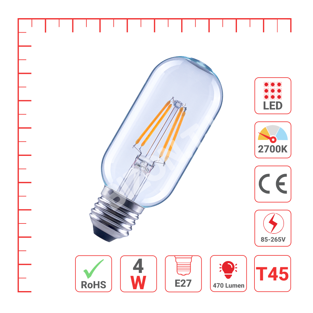 Lampa LED T45 4 Вт E27 CLEAR 470 лм 2700 К 85-265, 527-03438 3