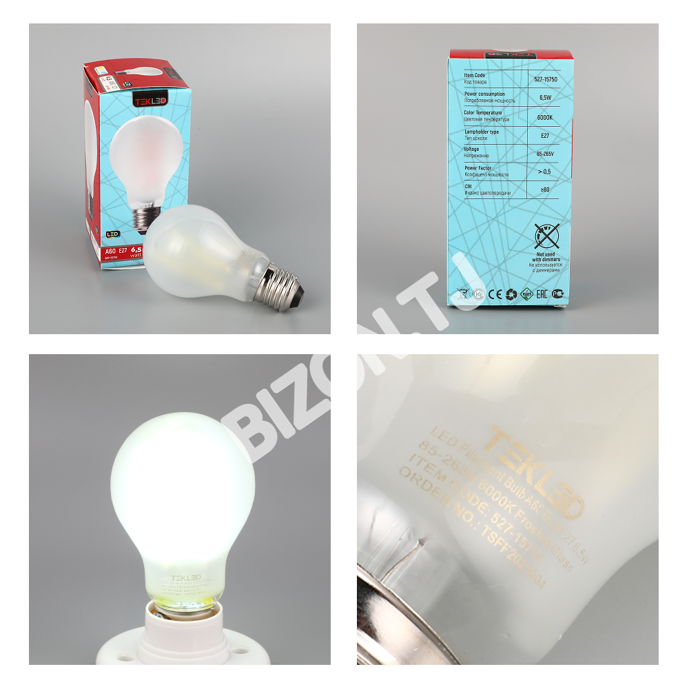Лампа LED Filament Bulb A60 GLS E27 6.5 Вт 85-265 В 6000 К F, 527-15750 5