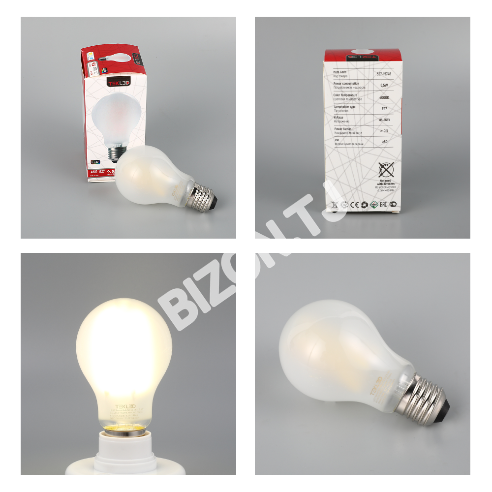 Лампа LED Filament Bulb A60 GLS E27 6.5 Вт 85-265 В 6000 К F, 527-15750 16