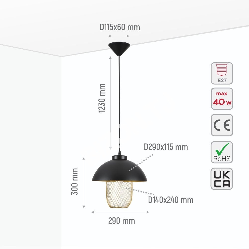 Светильник Matte золотой Caged Shade с черный Dome Top Pendat потолочный светильник D290 с E27 Fitting, 150-18304 4