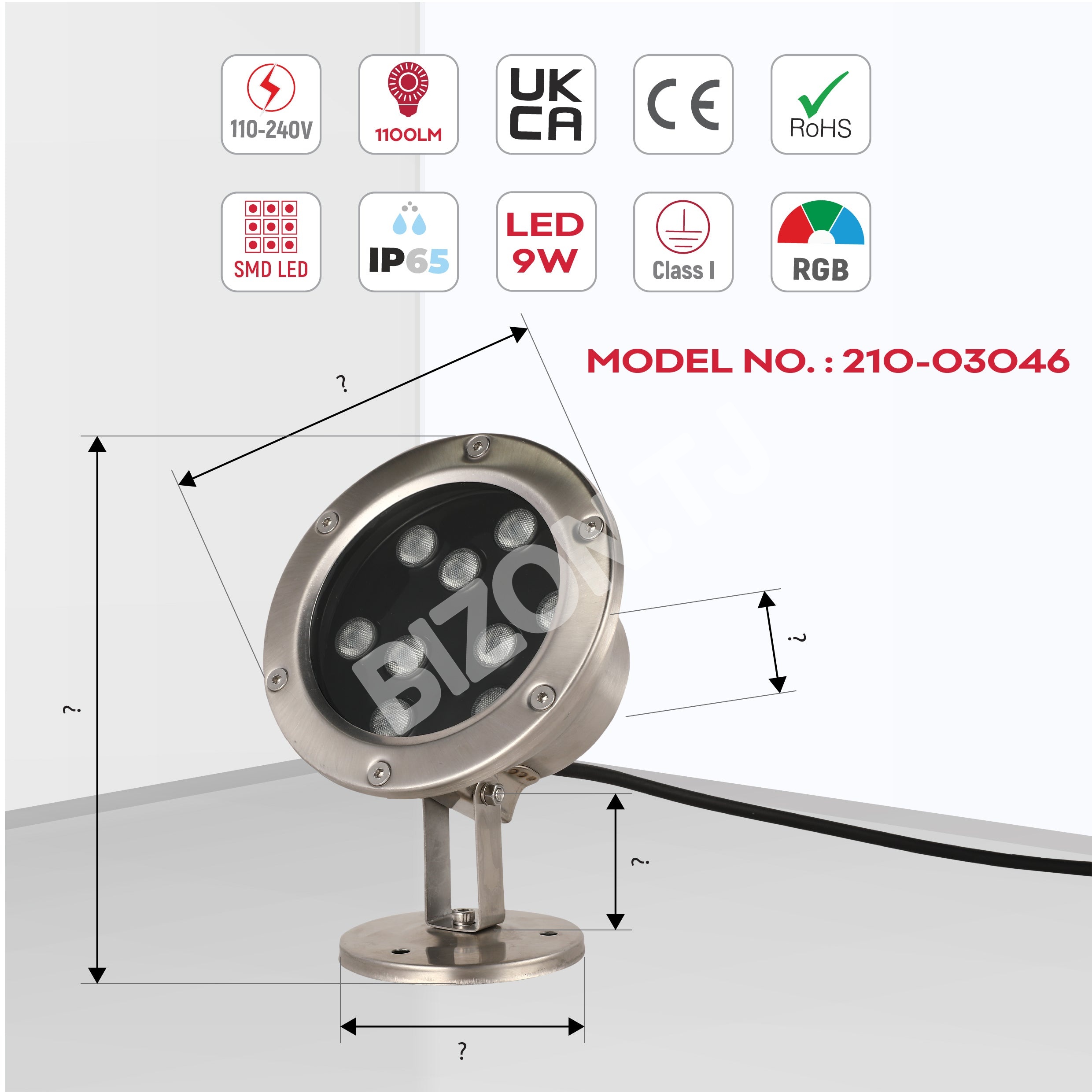 Подв.прожектор LED F6008 RGB 9 Вт 24 В (TS), 210-03046 5