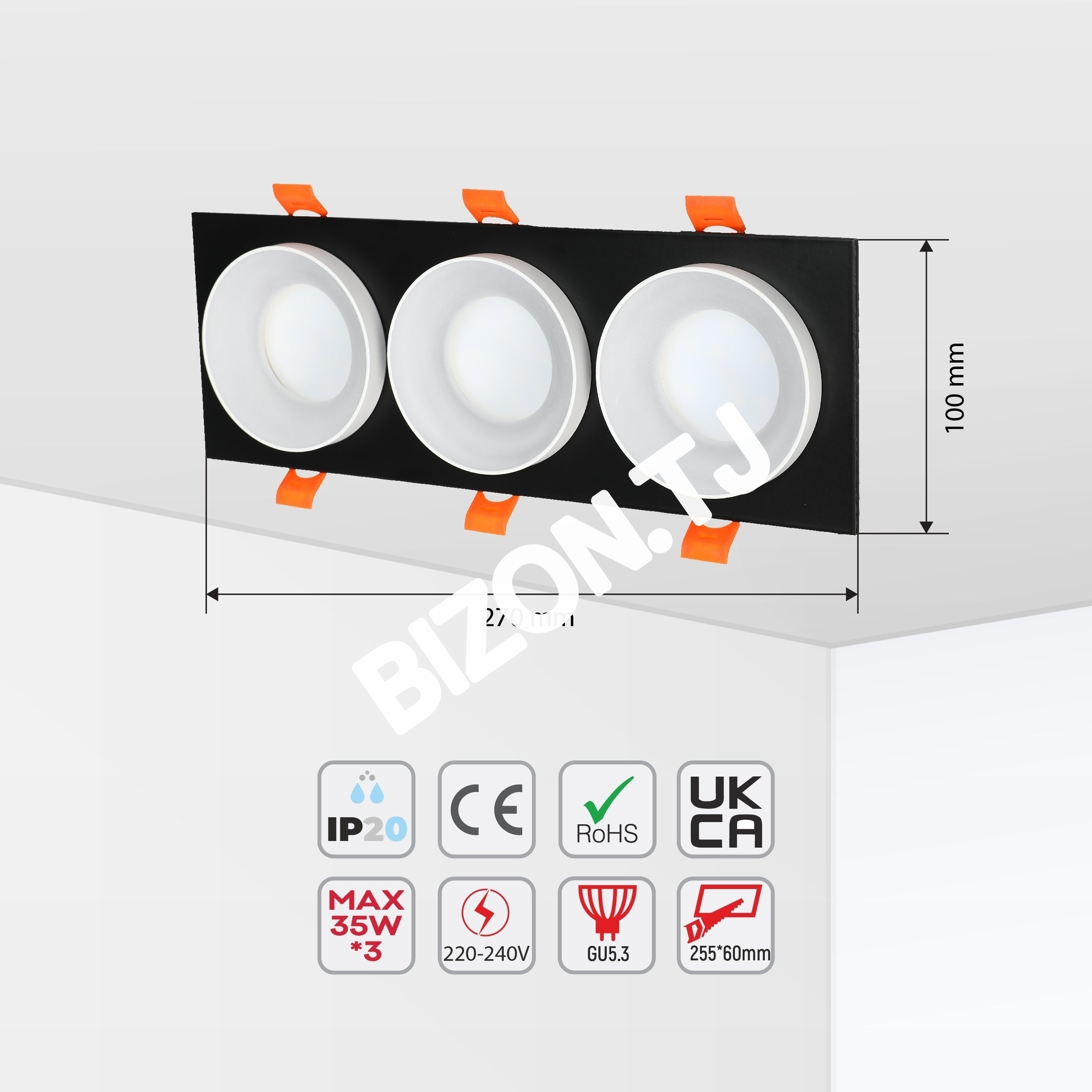 Светильник Grille Rectangle Recessed Tilt даунлайт GU5.3 белый and черный 2 way, 143-03514 23