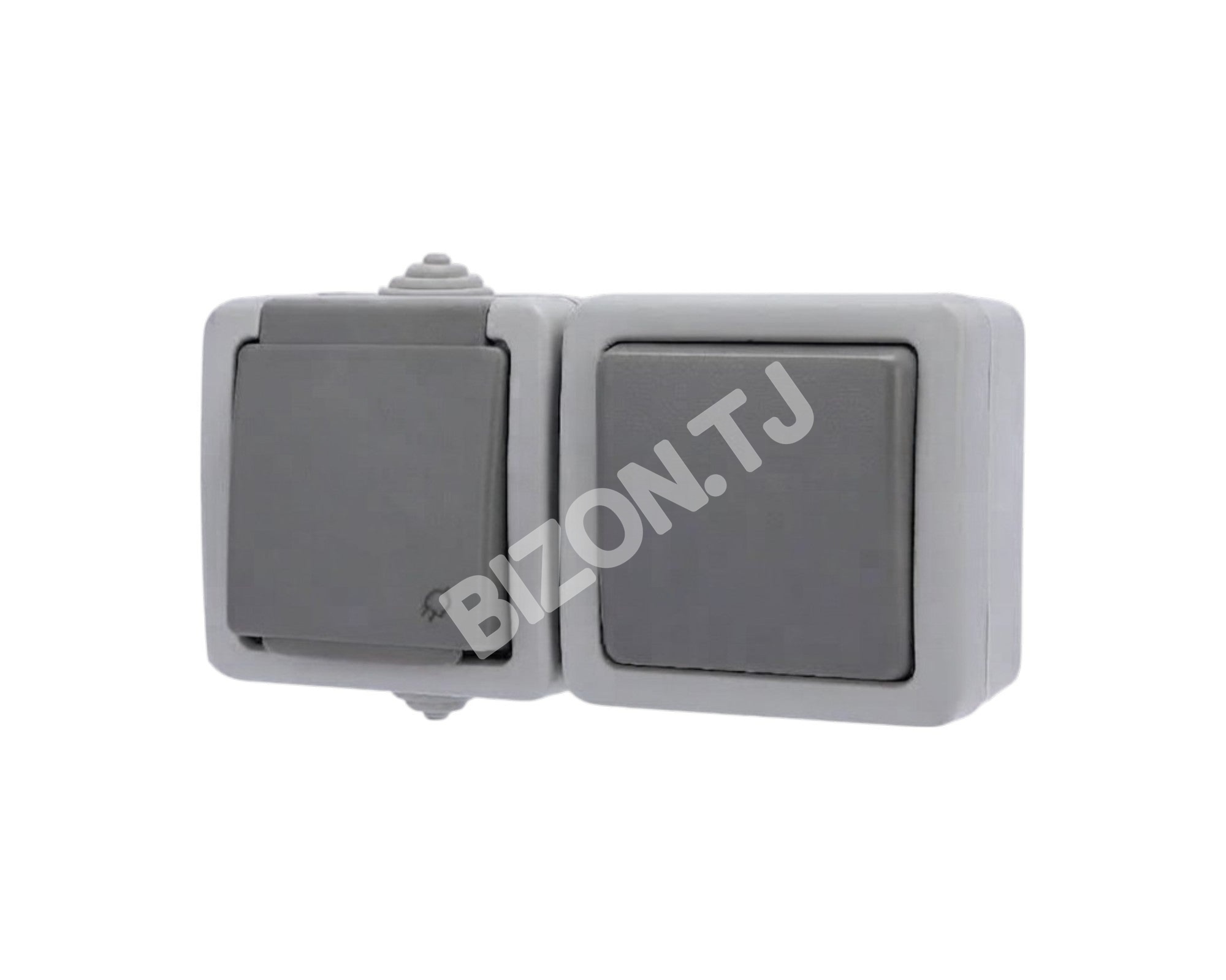 Розетка Выкл. 1 кл.+розетка с / з, с з / ш, о / у, 10А / 16А серый IP54 Atlantis100 / 5, 379-03036 2