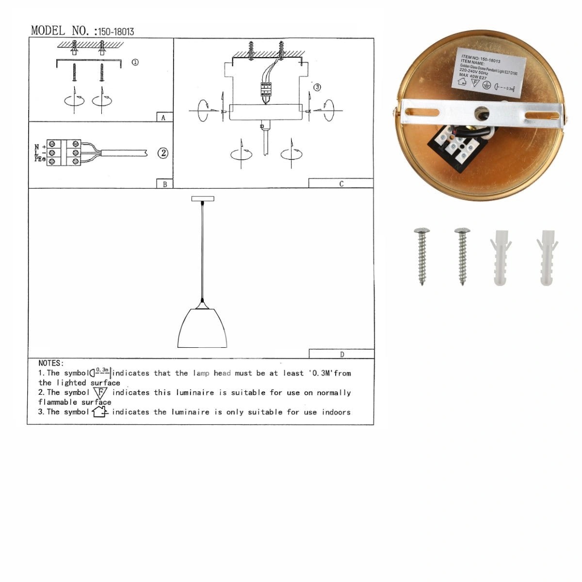 Светильник золотой стекло Dome подвесной потолочный светильник с E27 Fitting, 150-18013 11