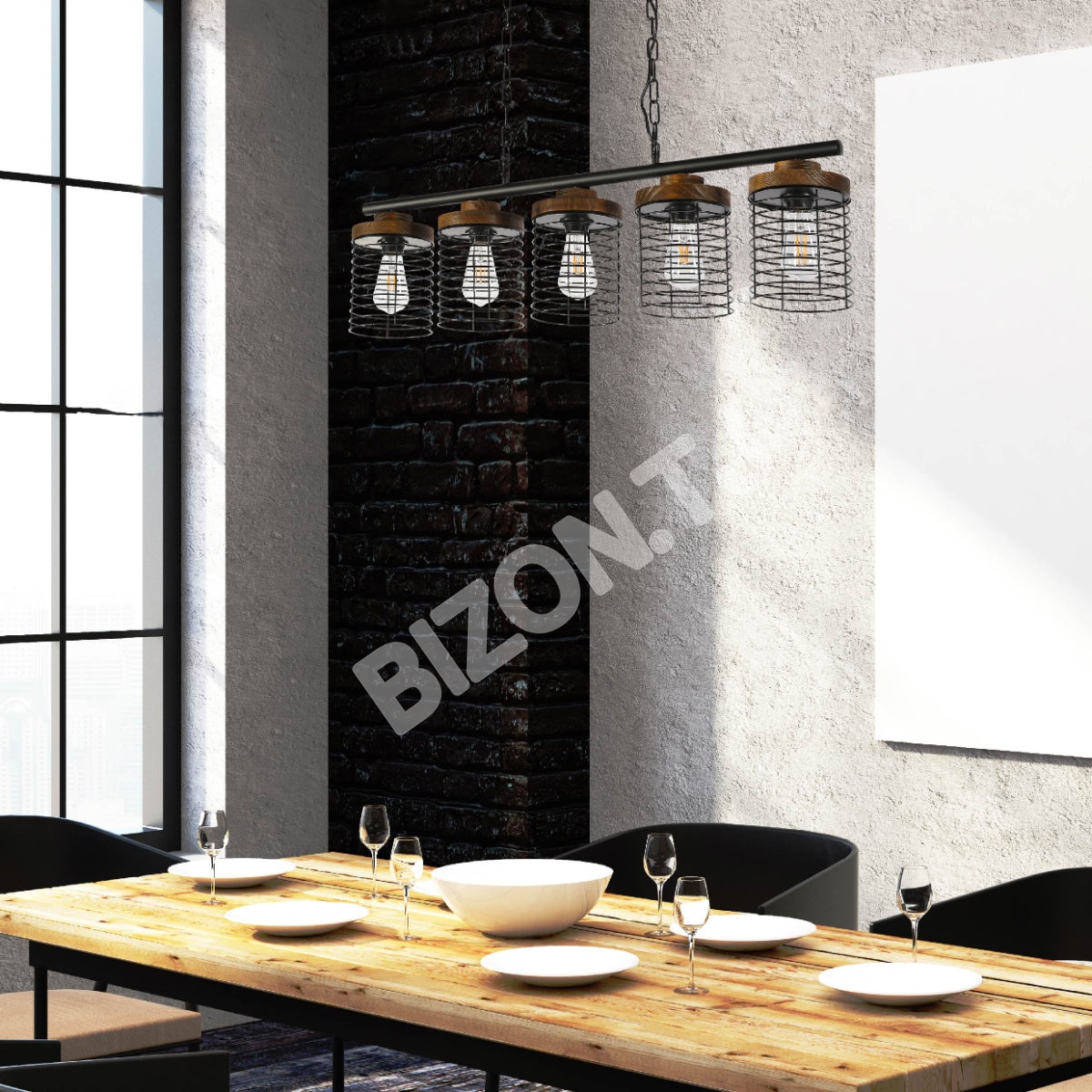 Светильник podvec.9184-5H 5xE27 черный+дерево L950W150H1200, 150-19066 4