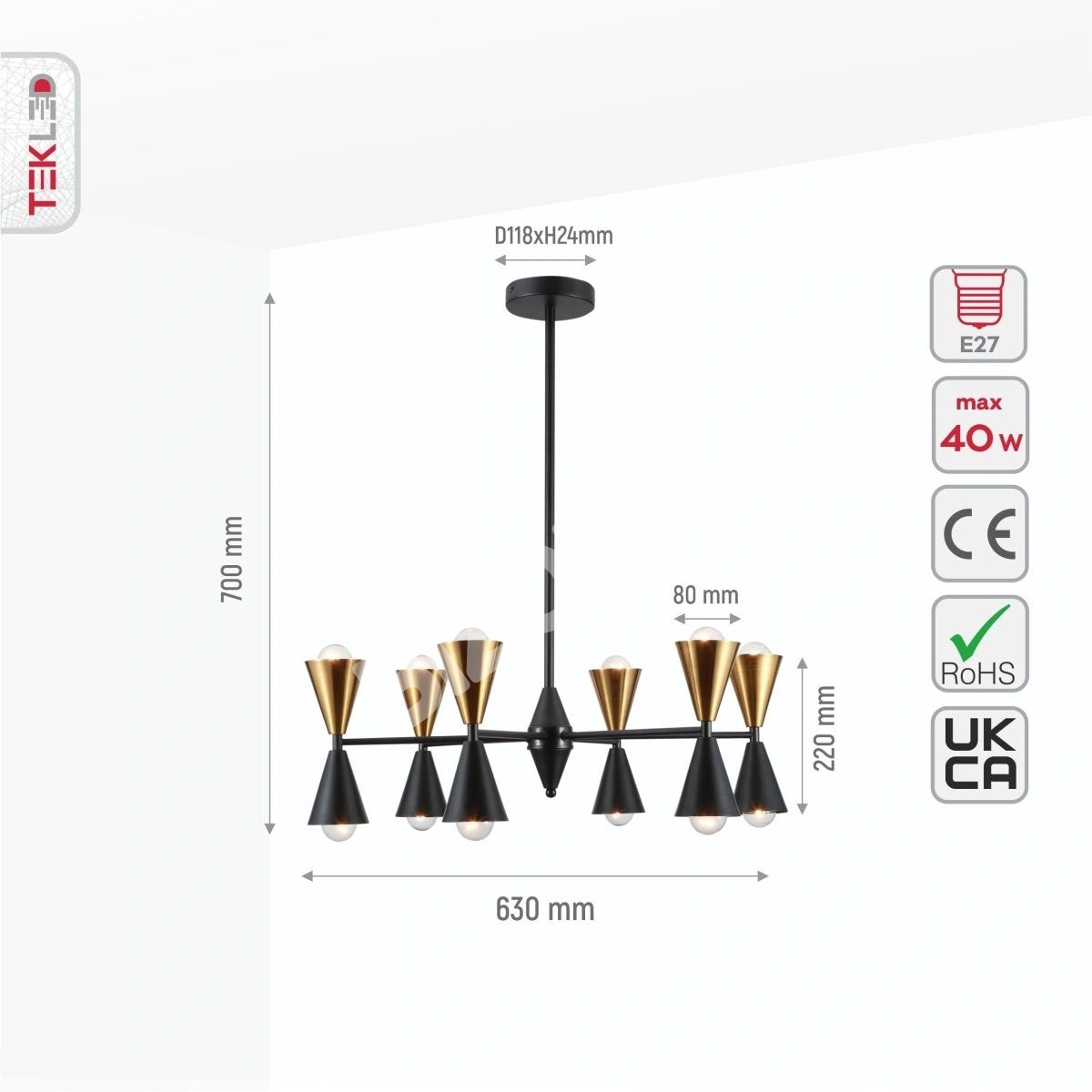 Светильник черный золотой Up Down Funnel современный Chandelier потолочный светильник с 12xE27, 150-18280 2