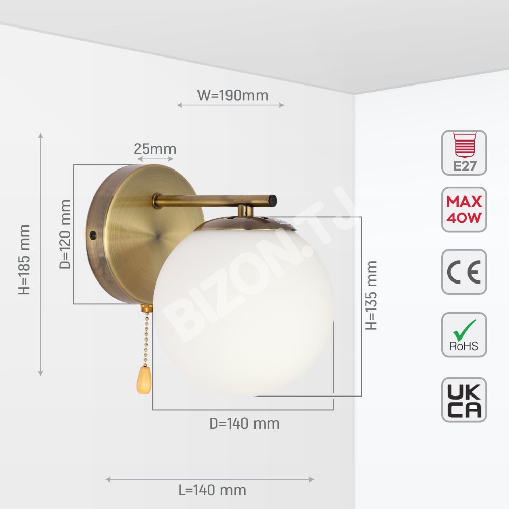 Выключатель опал GLOBE стекло золотой металл BODY VINTAGE RETRO настенный светильник с PULL DOWN SWITCH E27 FITTING золотой, 151-19780 6